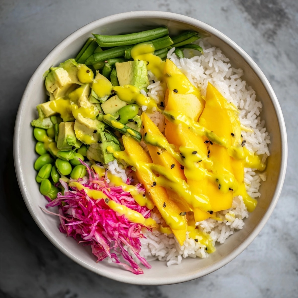 Vibrant Mango Avocado Rice Bowl: Steamed rice, sweet mango, creamy avocado, bright vinaigrette.