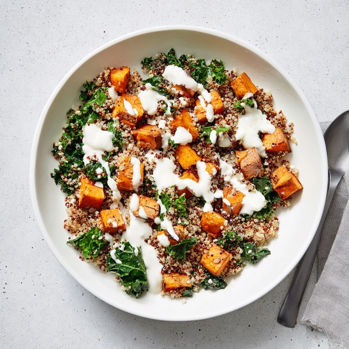 Roasted sweet potato quinoa bowl, vibrant colors and textures drizzled with creamy yogurt dressing.