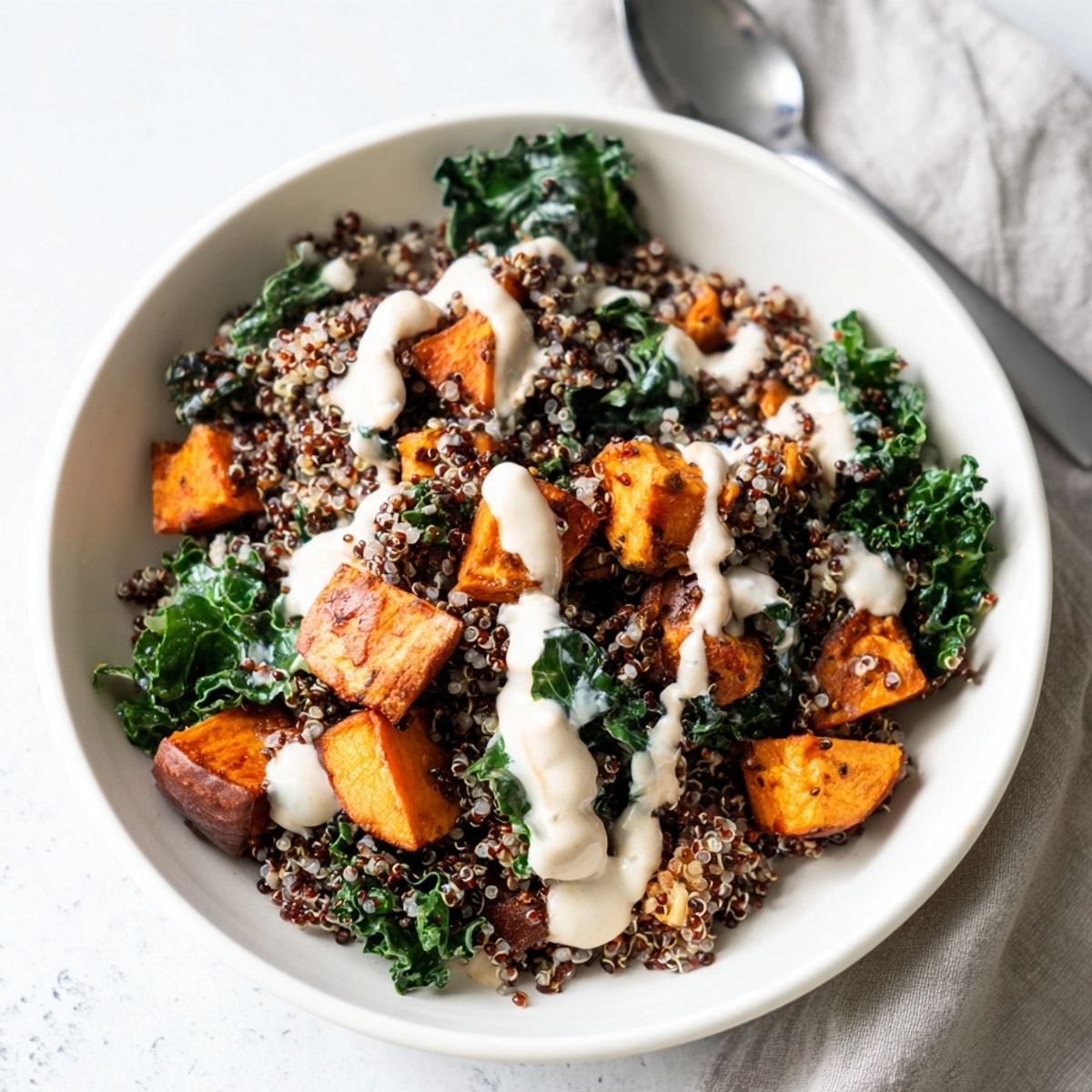 Warm and comforting roasted sweet potato quinoa bowl—a flavorful, nutrient-packed plant-based meal.