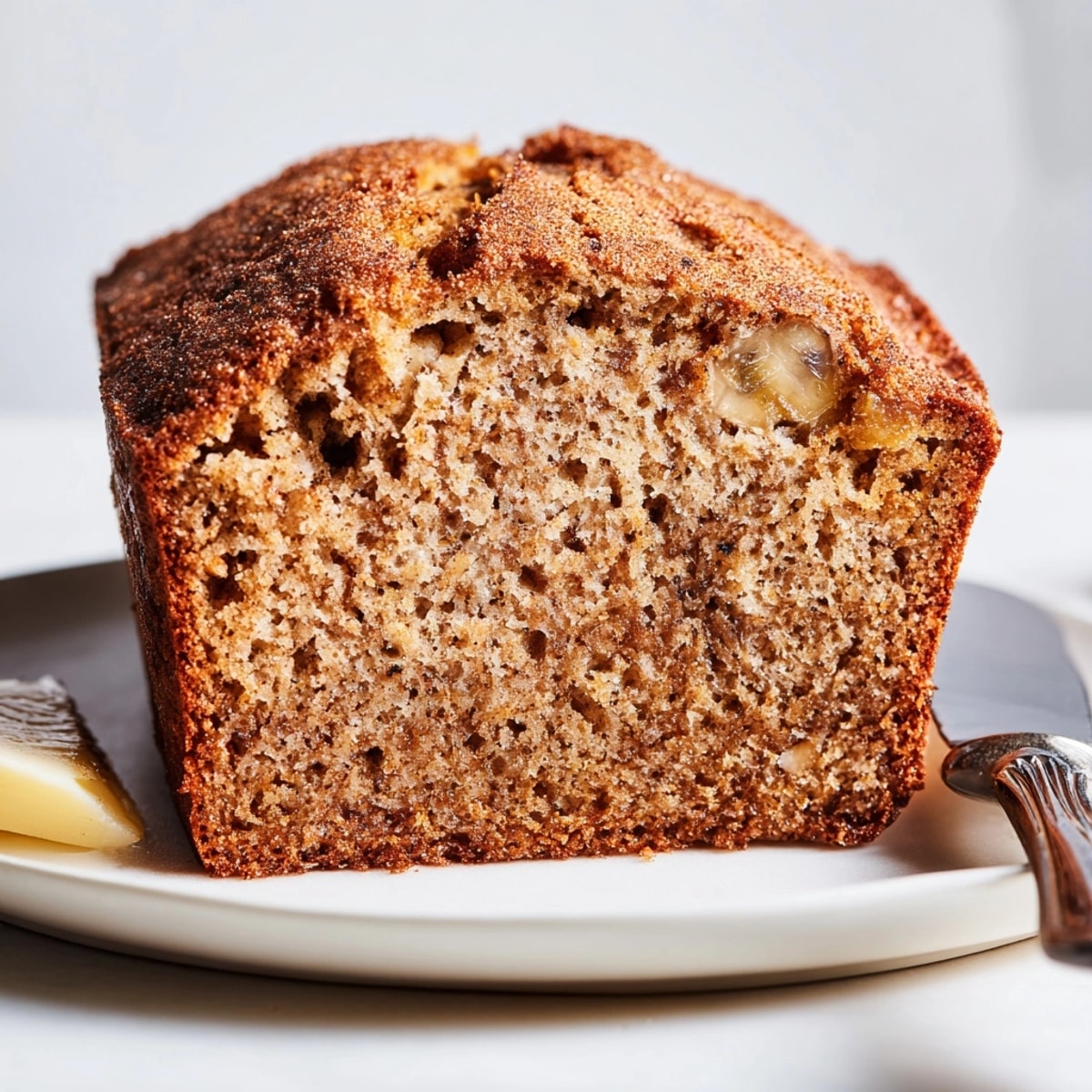 Golden brown banana bread loaf, fresh from the oven, warm cinnamon scent.