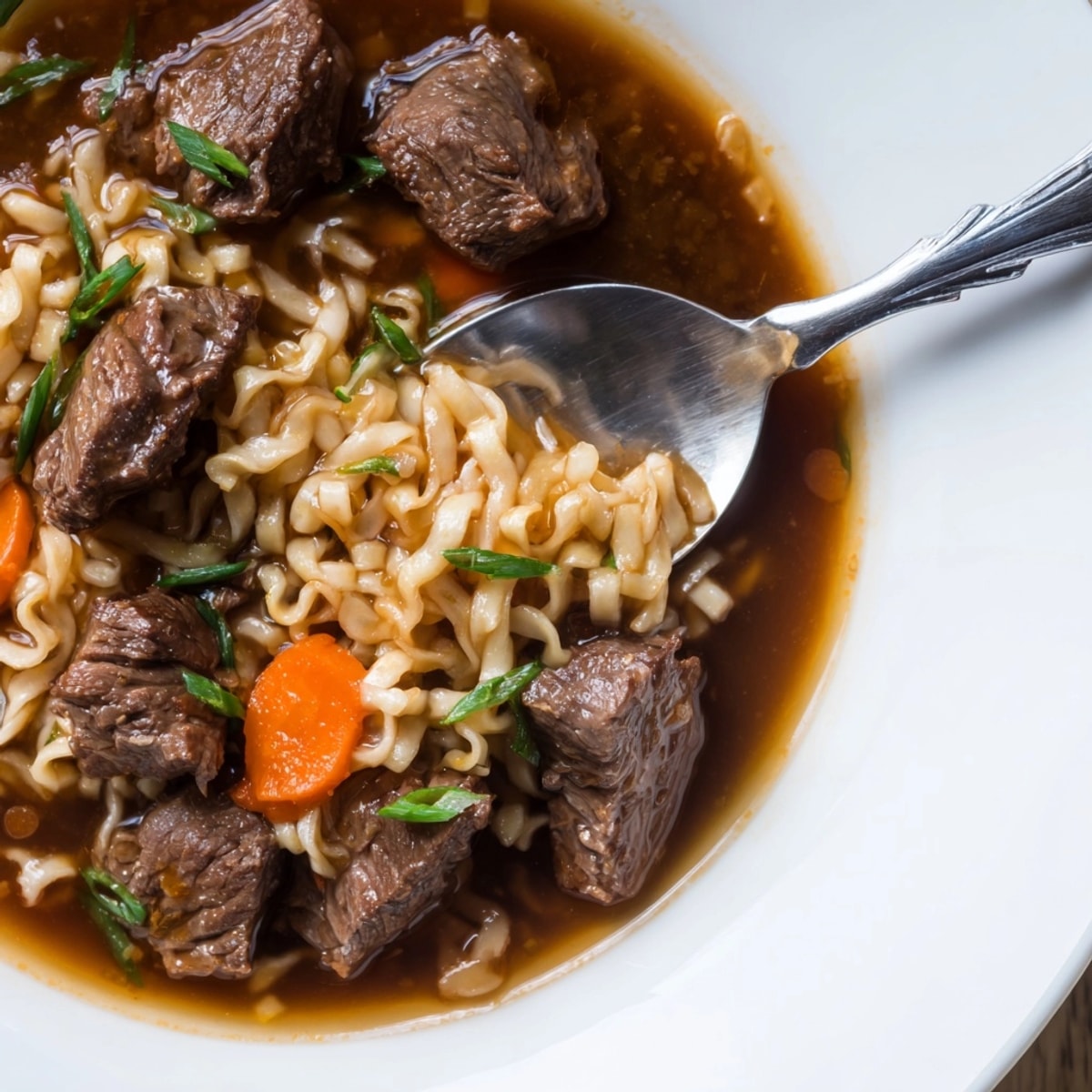 A bowl of delectable and simple One-Pot Beef Ramen topped with fresh scallions.