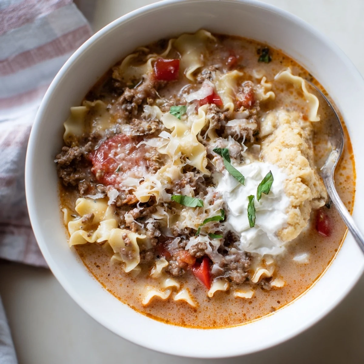 Hearty Lasagne Soup topped with cheesy biscuit melts, perfect for cozy family meals.  