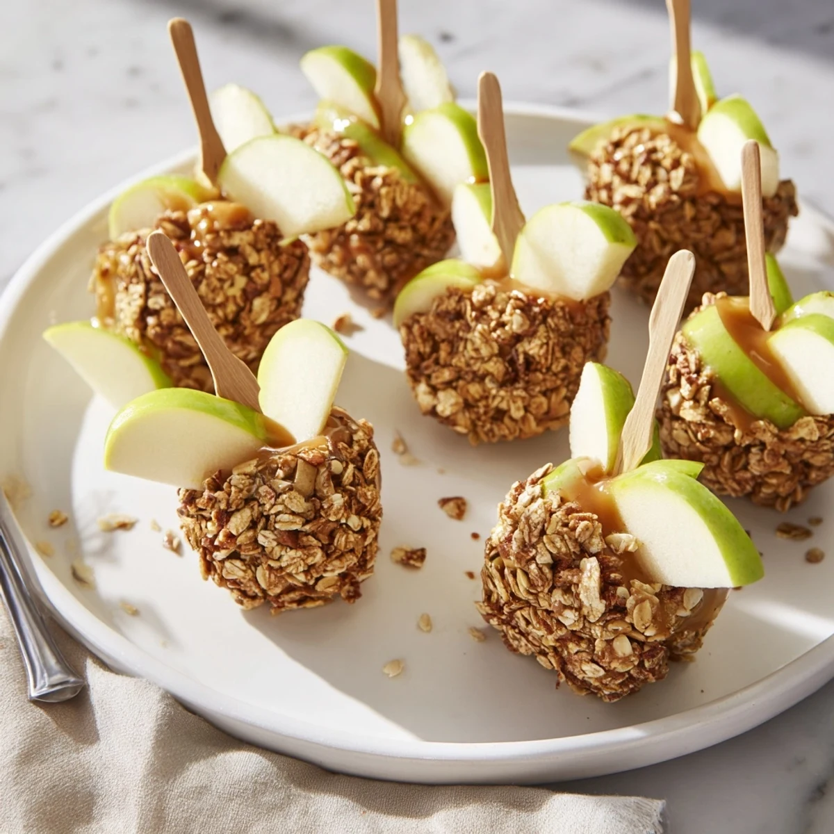 Delicious Caramel Apple Granola Pops, coated in crunchy granola and rich caramel.  