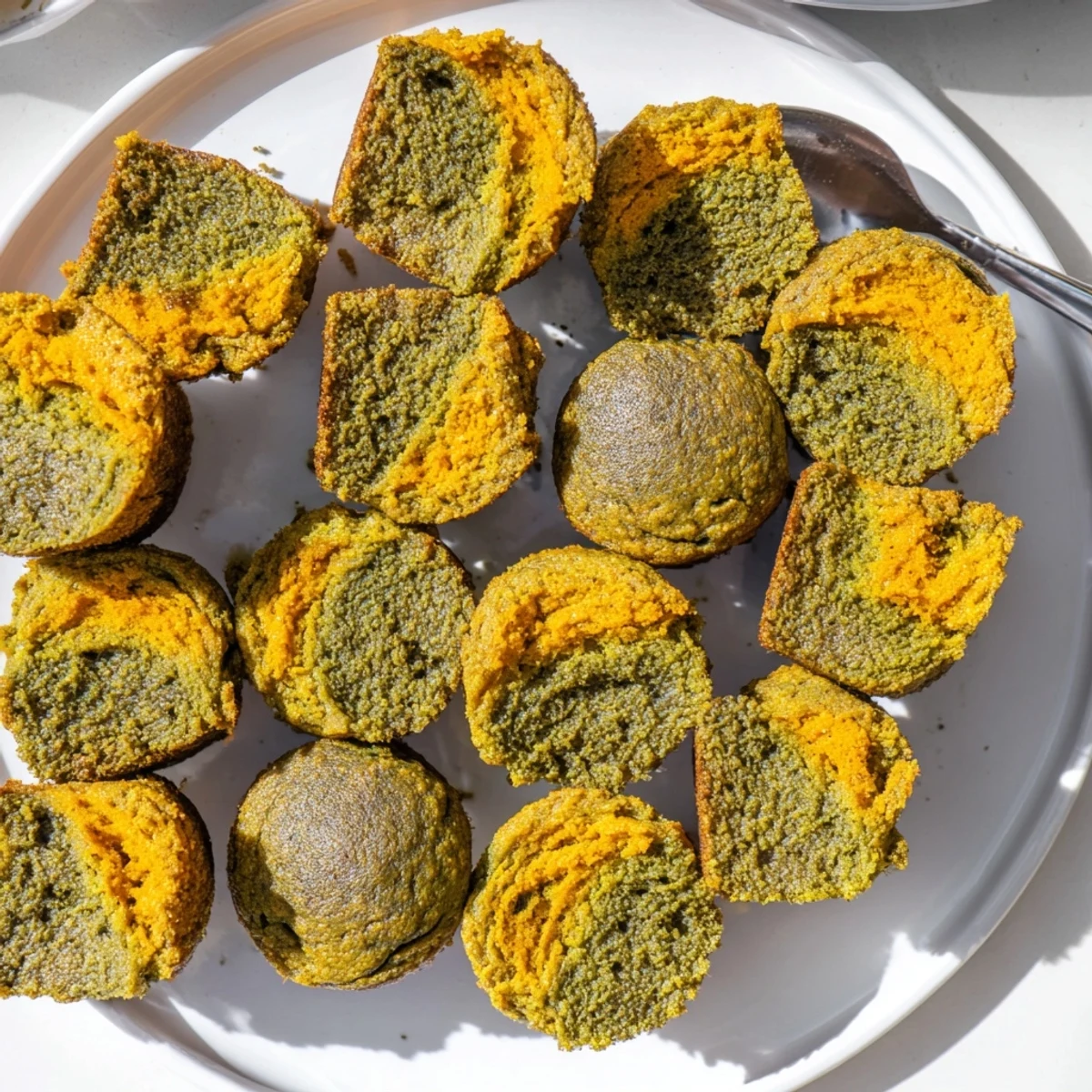 Vibrant matcha pumpkin muffin butter bites topped with powdered sugar for added sweetness.  