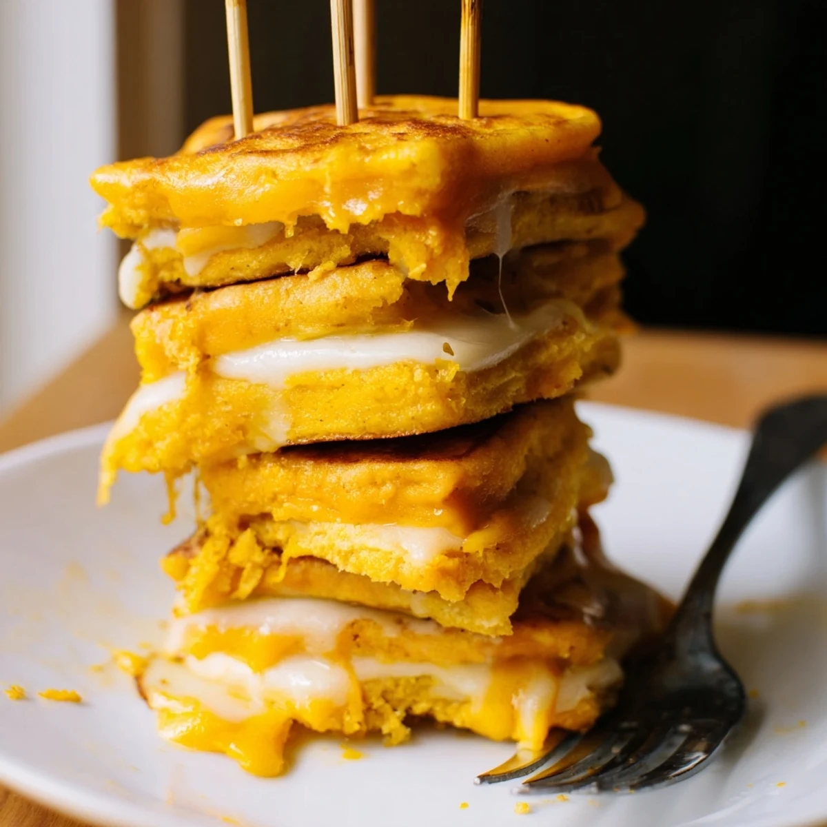 Fluffy cheesy pumpkin pancake skewers drizzled with maple syrup for brunch delight.  