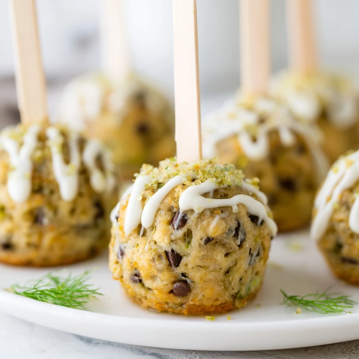 Delicious Dill Pickle Sweet Tea Muffin Pops drizzled with melted chocolate for a unique treat.  