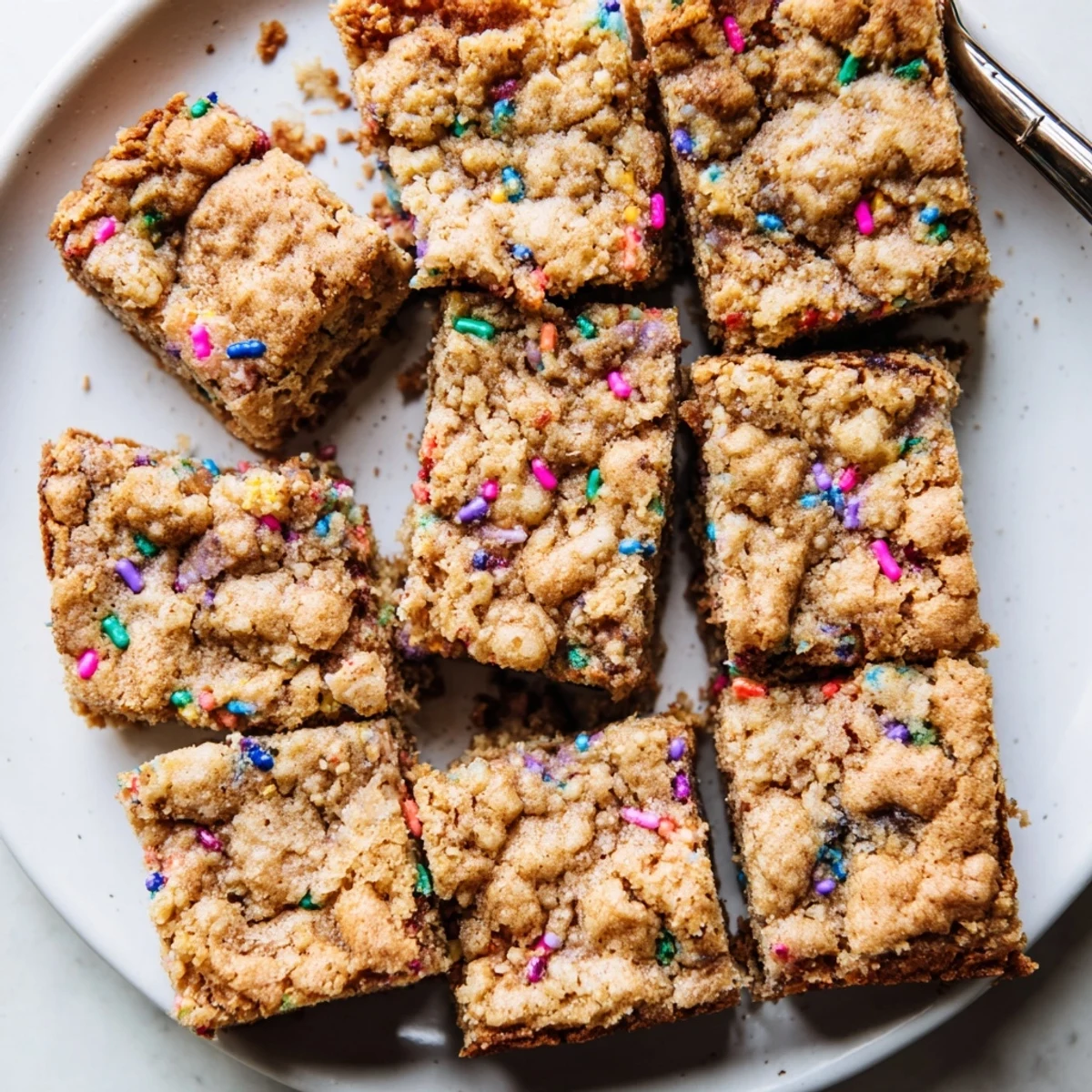 Delicious chai spiced funfetti cookie bars topped with vibrant sprinkles and warm spices.