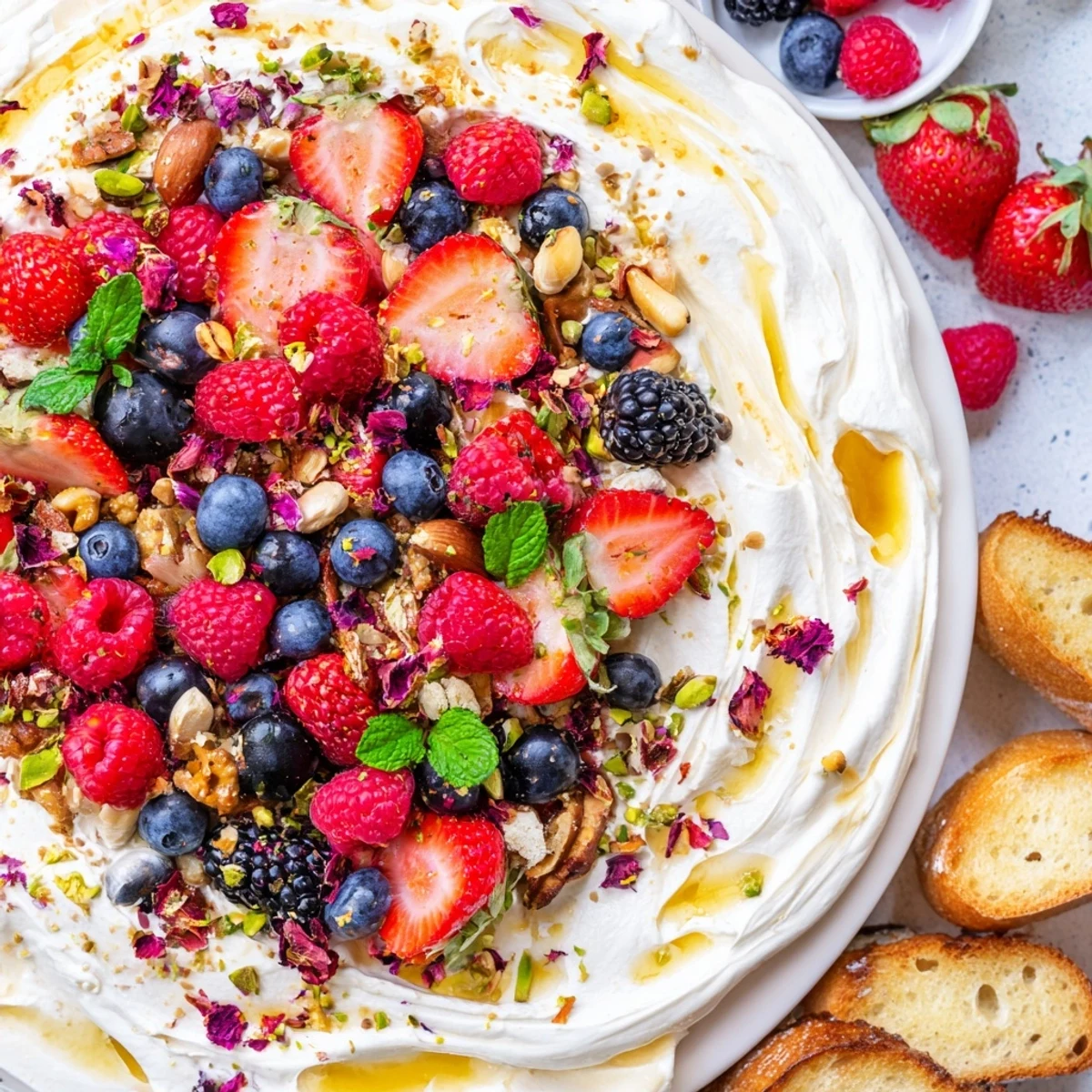 Delicious butter board dessert version topped with fresh berries and chocolate chips.  