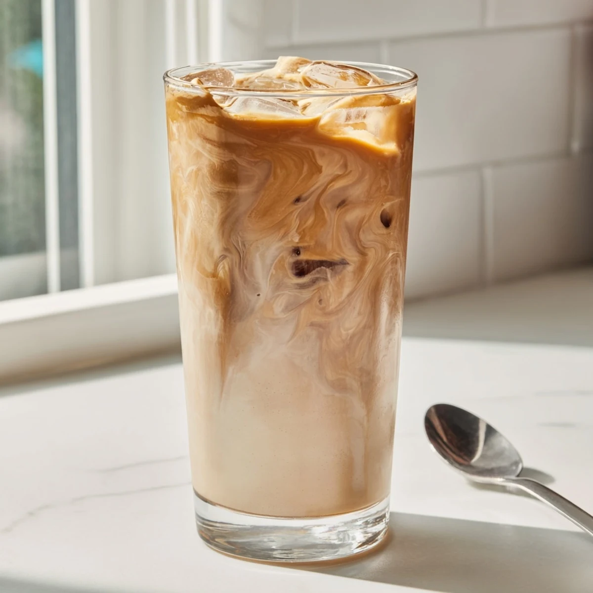 Creamy Tahini Iced Coffee topped with plant-based milk and ice cubes.  