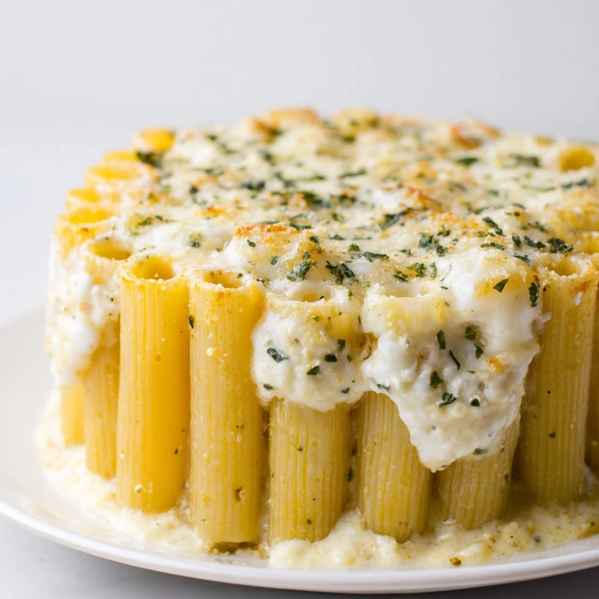 Savory Honeycomb Pasta Cake layered with cheese, sauce, and al dente rigatoni.  