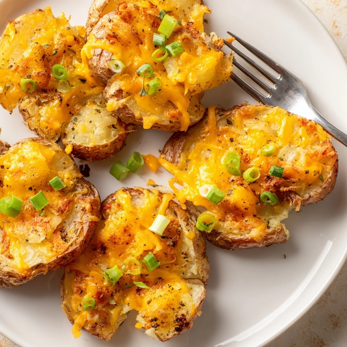 Crispy smashed green onion potato bombs topped with melted cheese and herbs.  