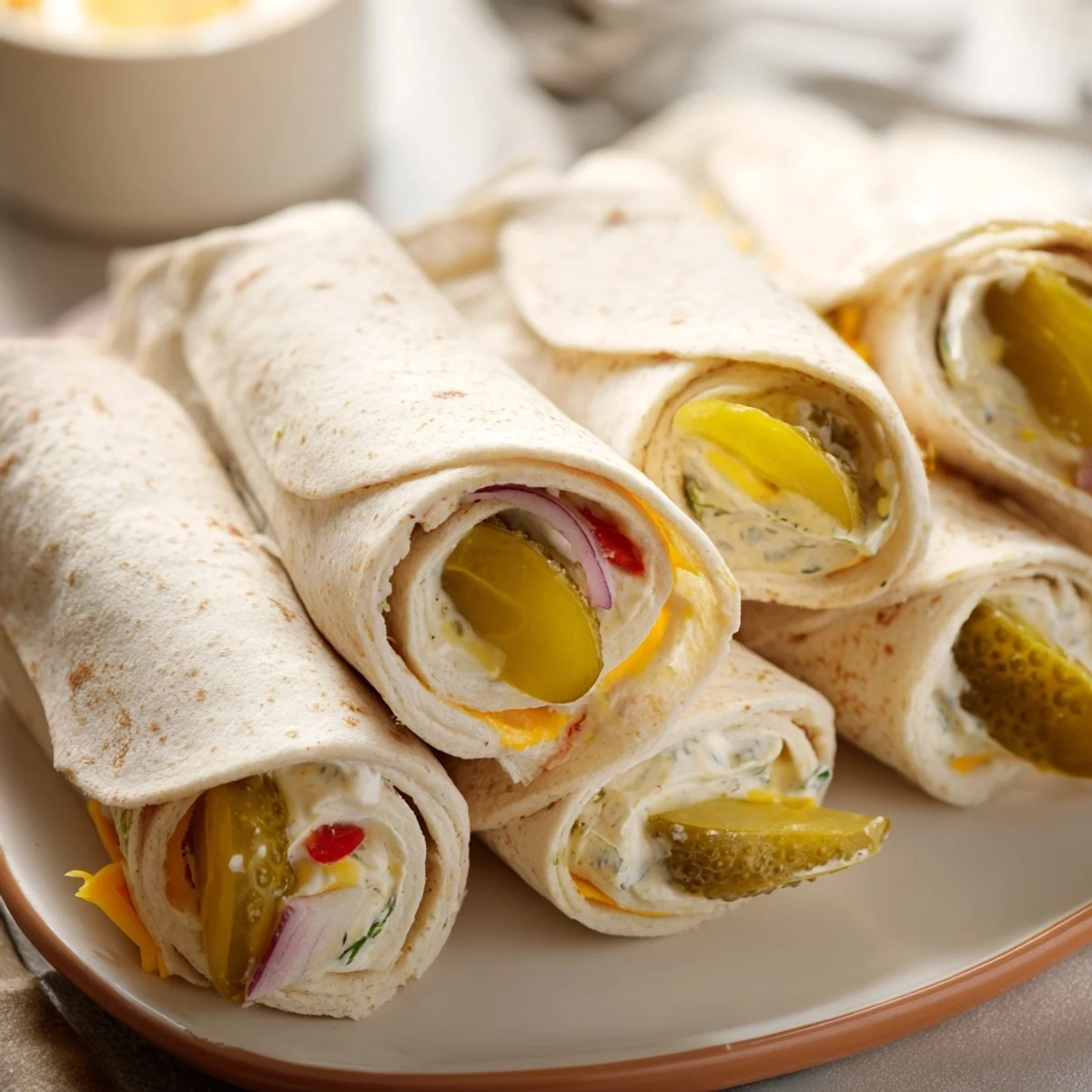 Crispy Pickle-in-a-Blanket bites wrapped in creamy cheese and tortillas.  