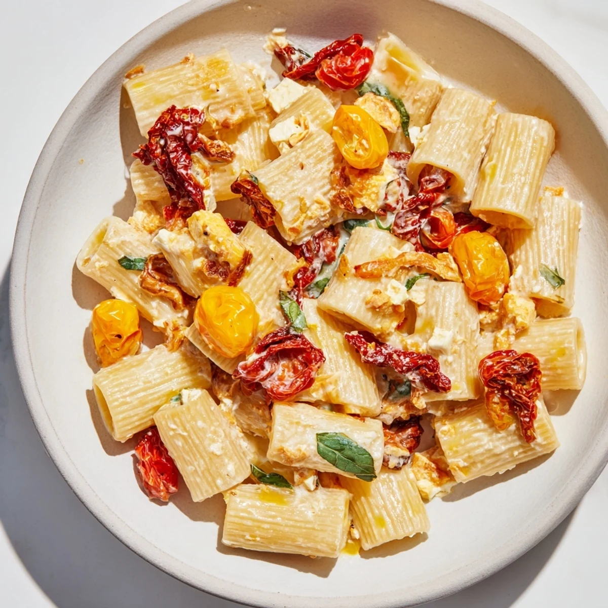 Creamy Baked Feta Pasta 2.0 topped with caramelized onions and vibrant cherry tomatoes.  