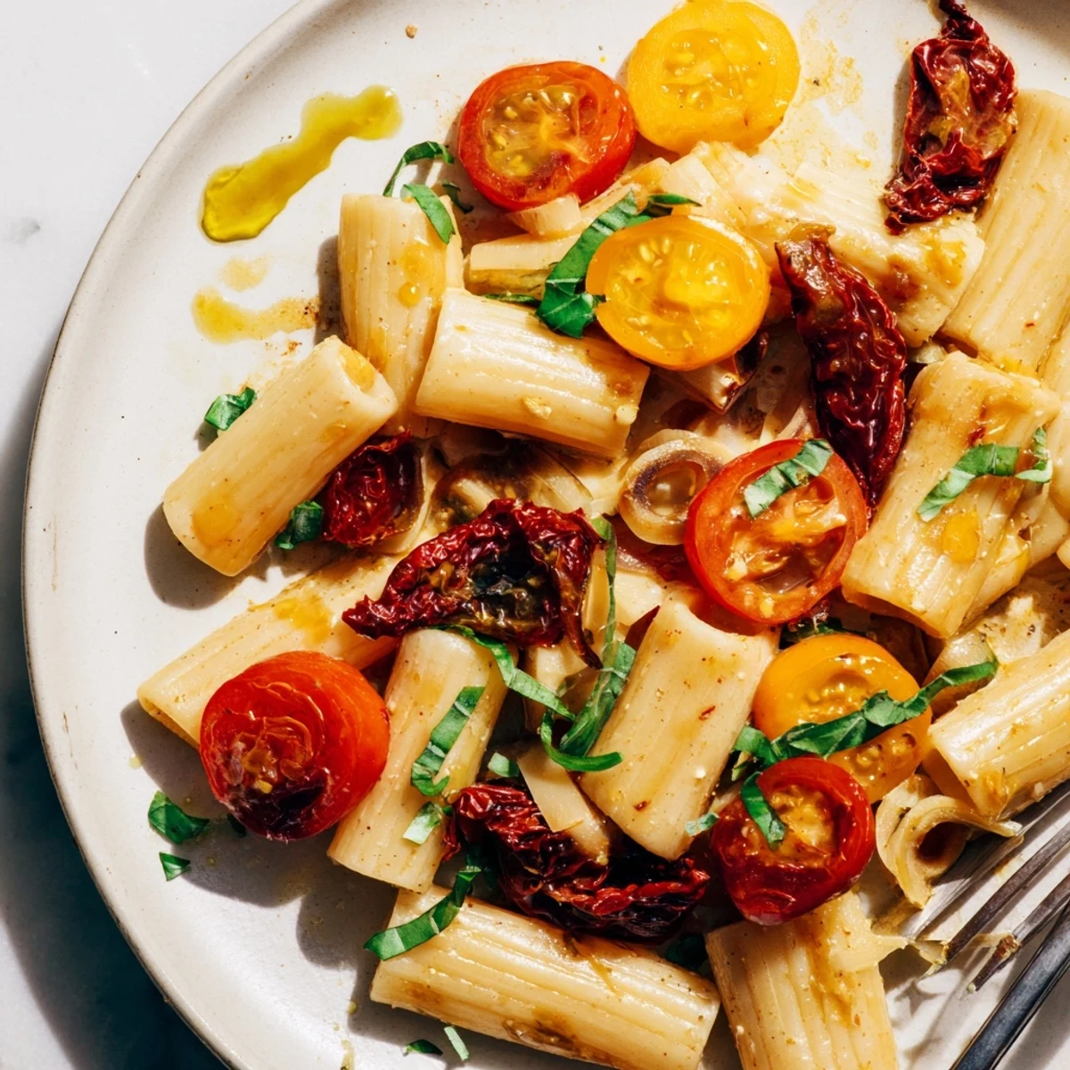 Deliciously baked feta pasta 2.0, featuring sun-dried tomatoes and fresh basil garnish.  