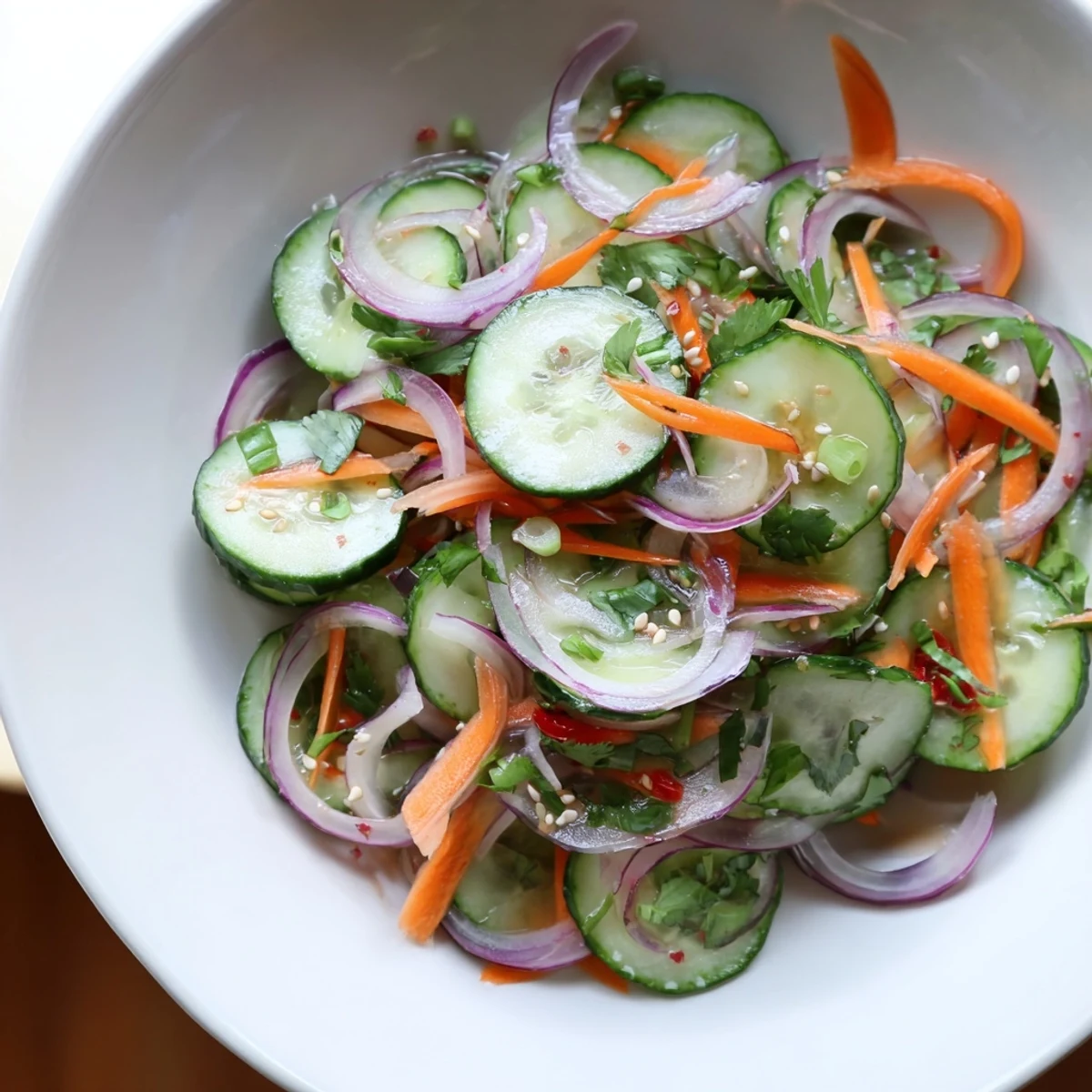 Refreshingly crunchy cucumber salad remix, featuring colorful veggies and savory Asian flavors.  