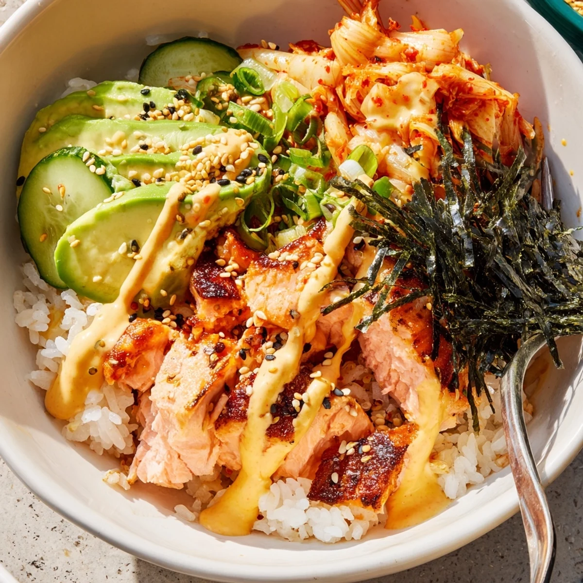 Crispy Salmon Rice Bowl topped with spicy mayo, fresh avocado, and tangy kimchi.  