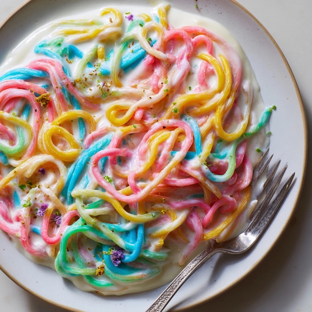 Whimsical Neon Noodle Cloud served with edible flowers and crunchy sesame seeds.