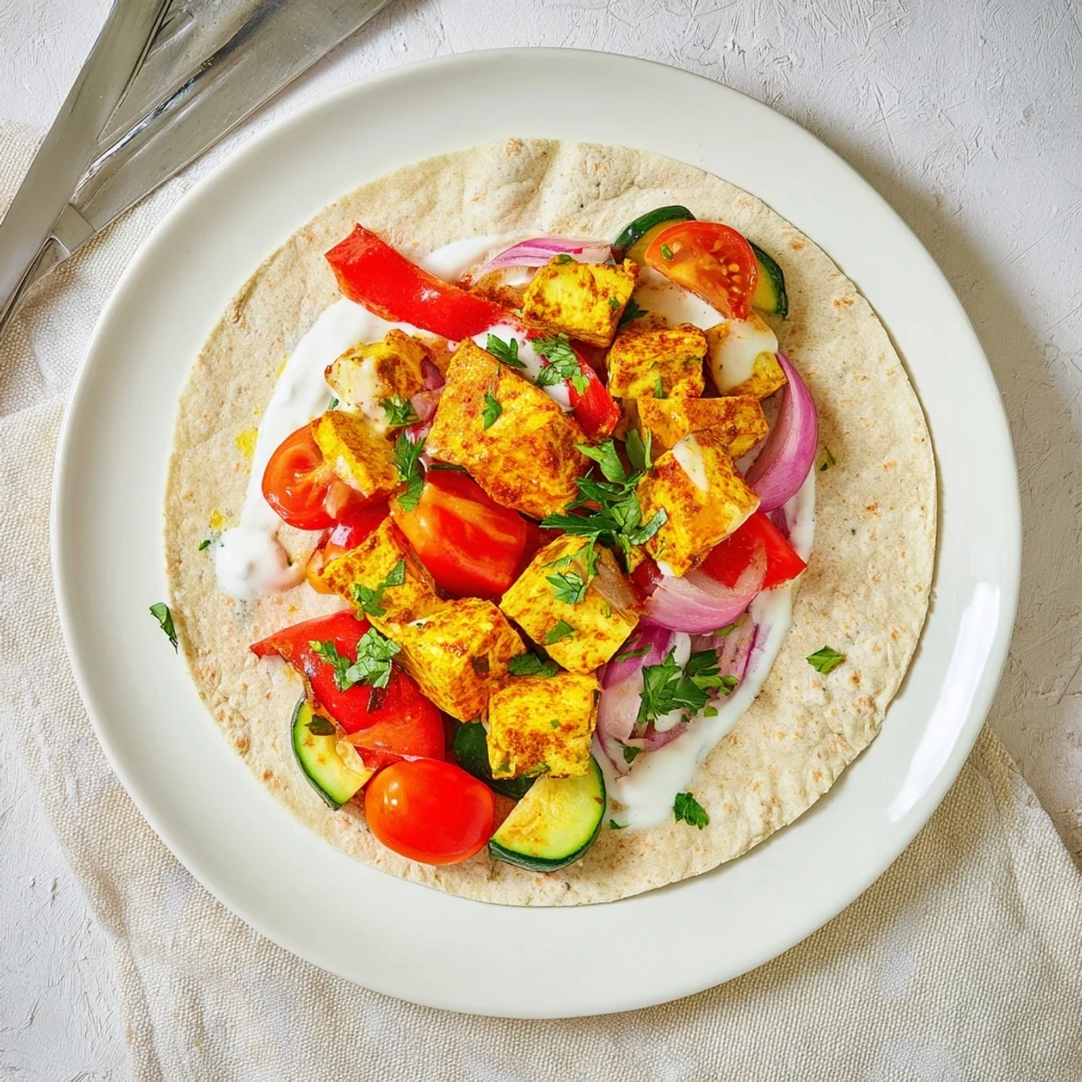 Vibrant Vegan Viral Recipe re-make showcasing roasted tofu and fresh vegetables in wraps.  