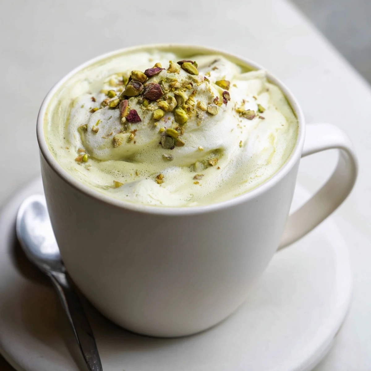 Creamy pistachio milk latte topped with crushed nuts for a delightful finish.