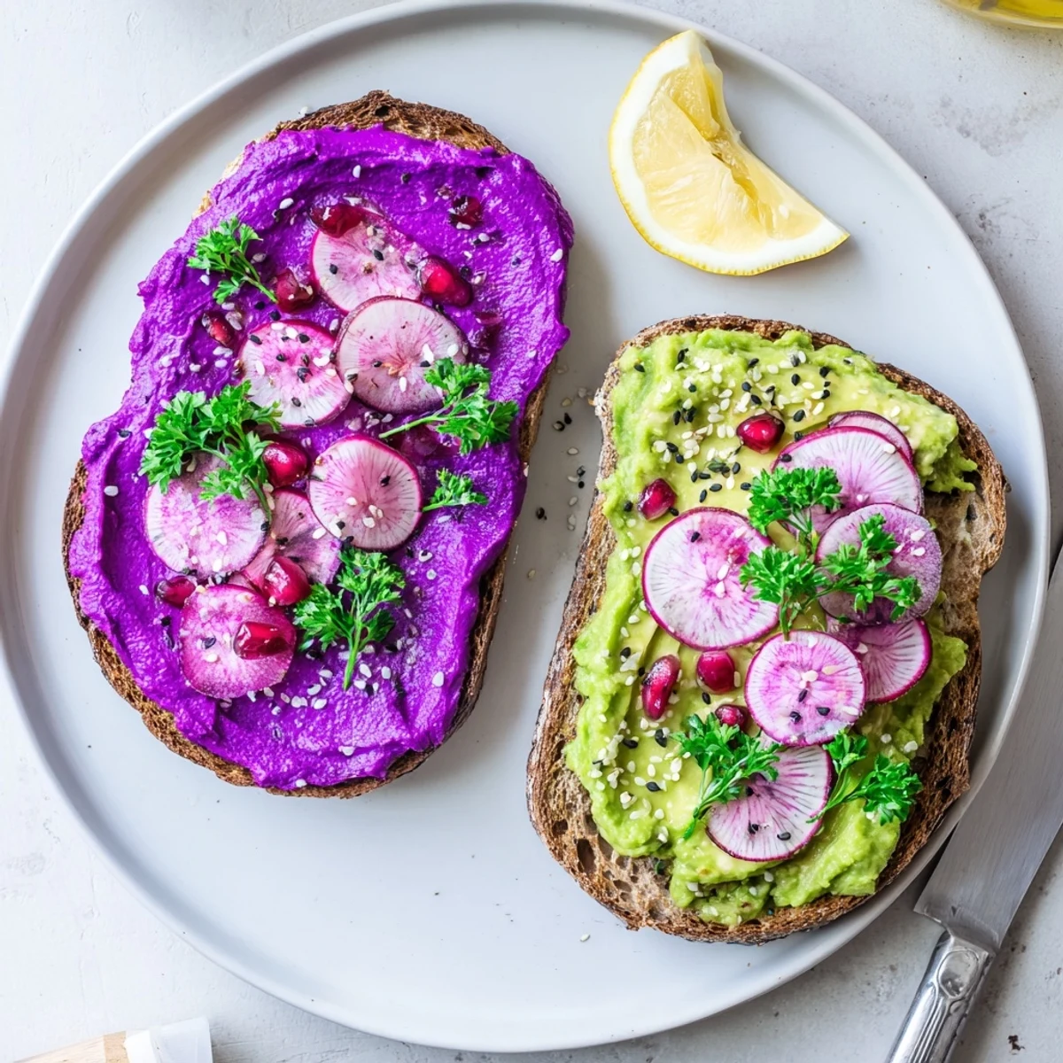 Lively breakfast toasts with purple ube layer, ripe avocado, and microgreens garnishes.