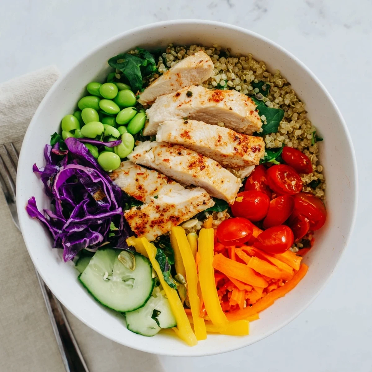 Colorful Healthy Meal-Prep Bowls featuring grilled chicken and fresh veggies.  