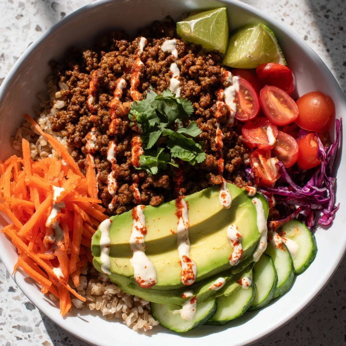 A colorful plant-based meat bowl topped with fresh veggies and lime wedges.  