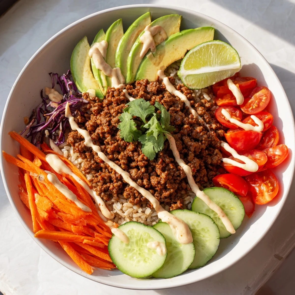 Hearty plant-based meat bowl drizzled with zesty mayo sauce and cilantro.