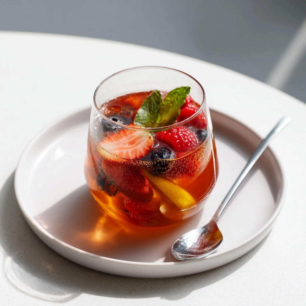 Vibrant, fruity fermented drinks inspired by kombucha, garnished with fresh mint sprigs.