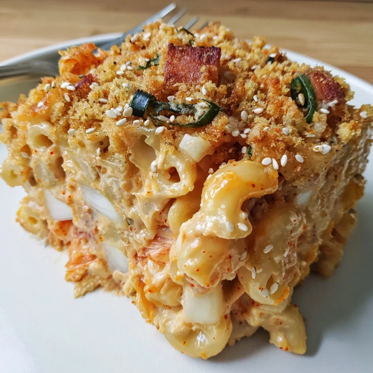 Creamy Spicy Kimchi Mac & Cheese topped with crunchy sesame breadcrumbs awaits you.  