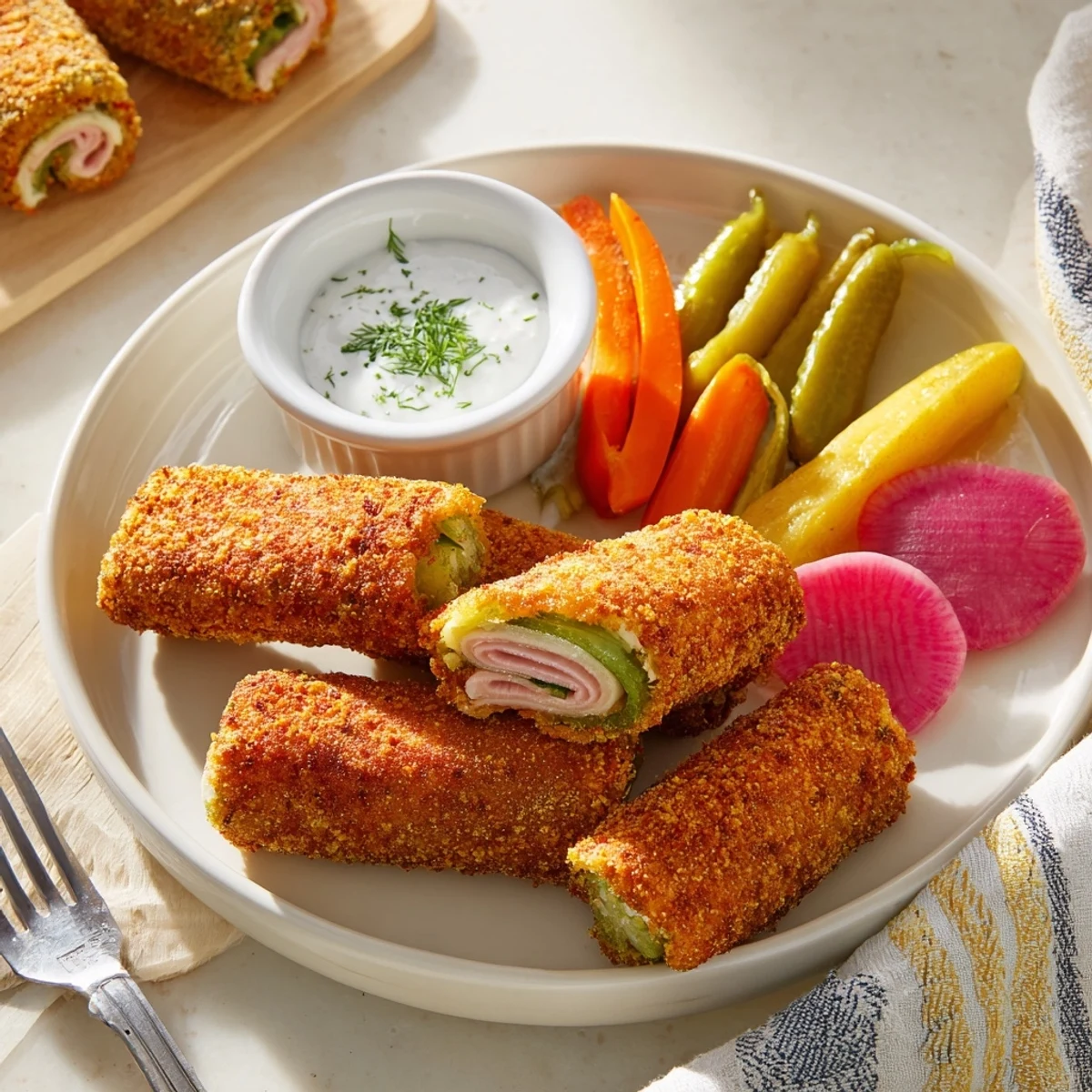 Crispy fried pickles served with tangy dipping sauce, perfect for pickle lovers.  