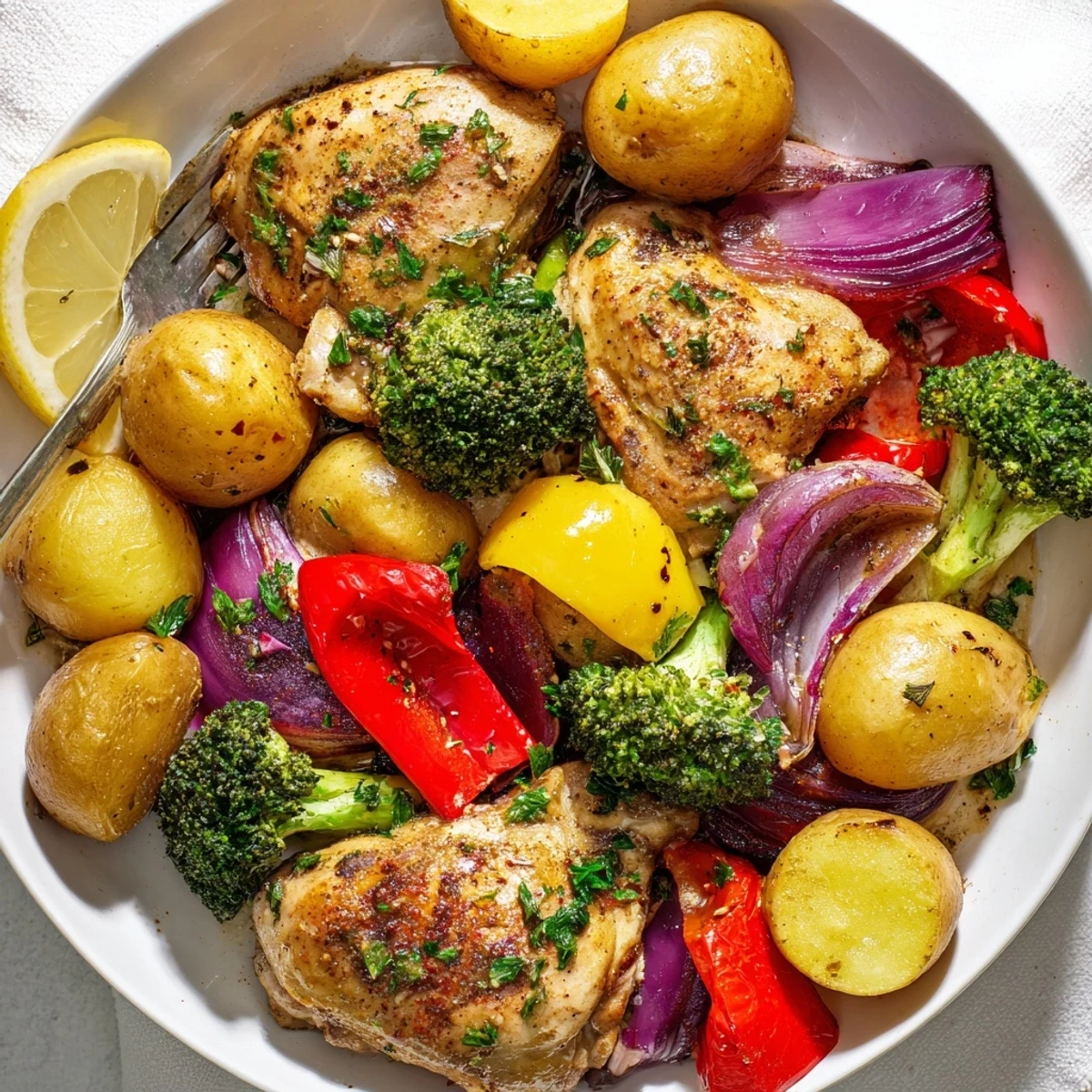 Sizzling Lazy Gourmet Chicken & Vegetable One-Pot with vibrant veggies and tender chicken.  