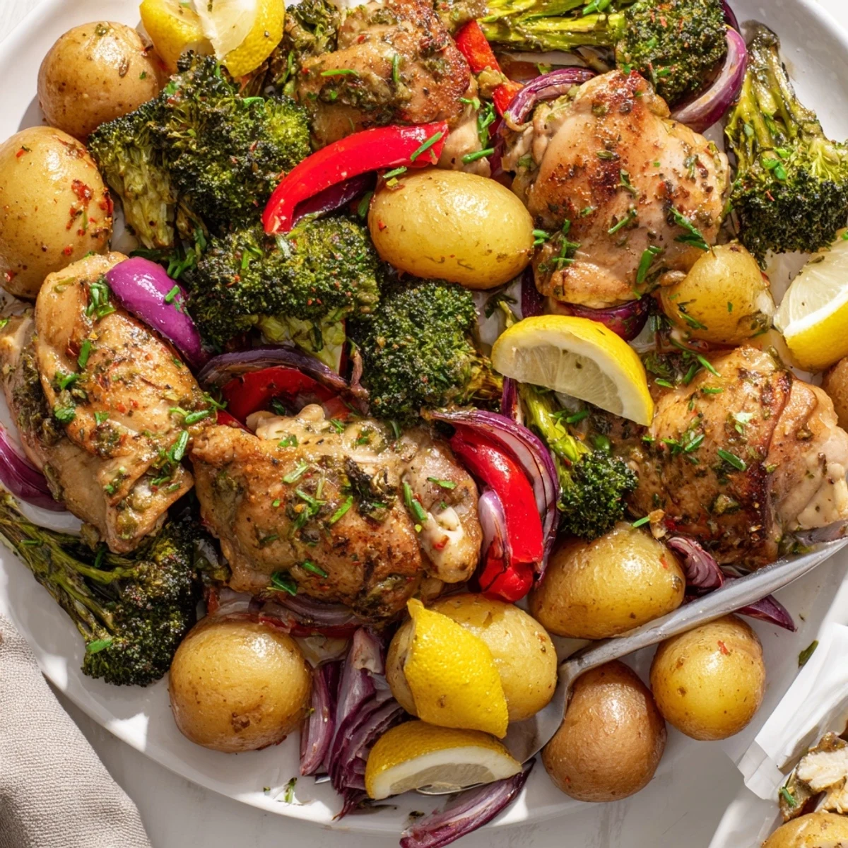 Hearty Lazy Gourmet Chicken & Vegetable One-Pot featuring juicy chicken thighs and colorful broccoli.