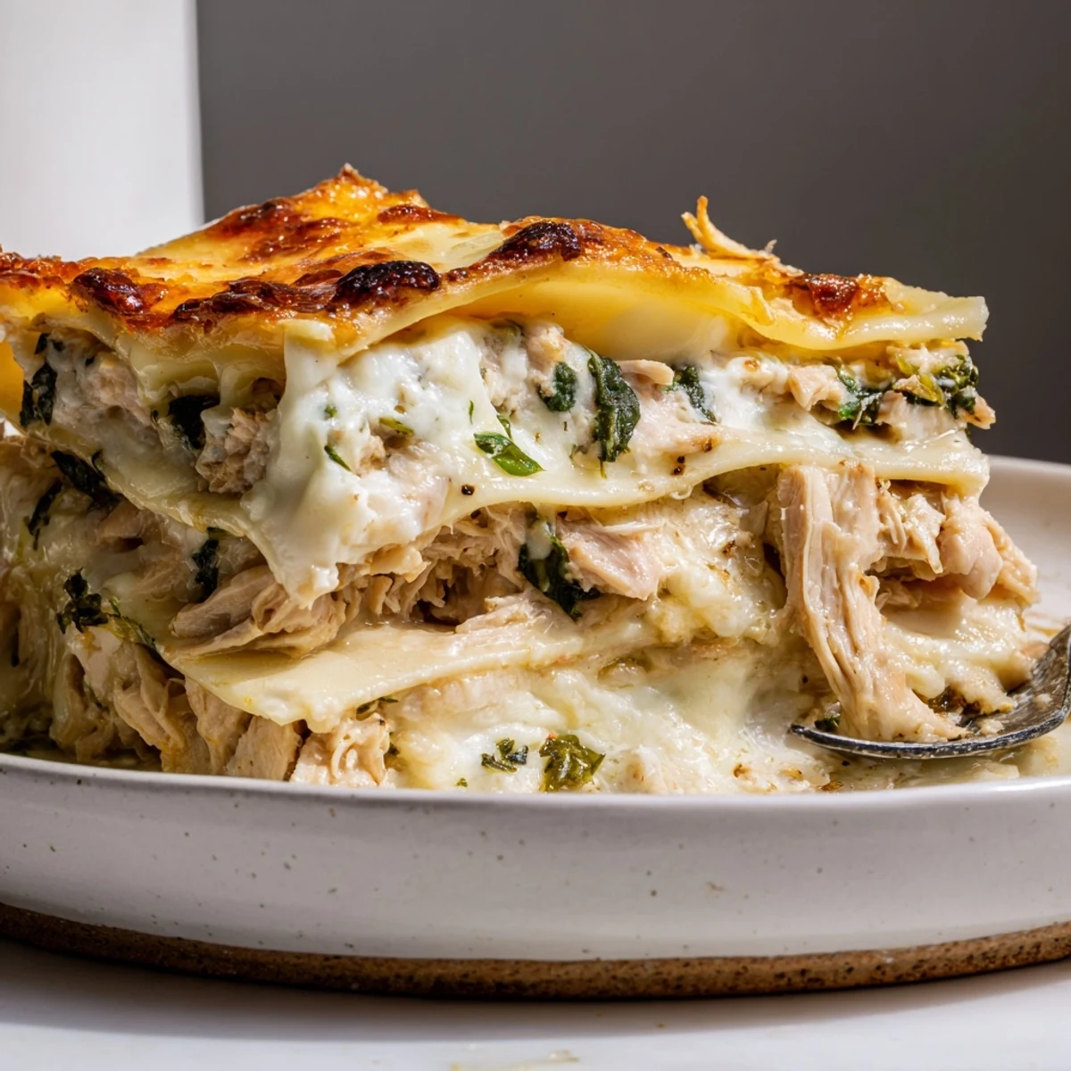 Savory rosemary chicken lasagna layered with rich béchamel and bubbly mozzarella.  