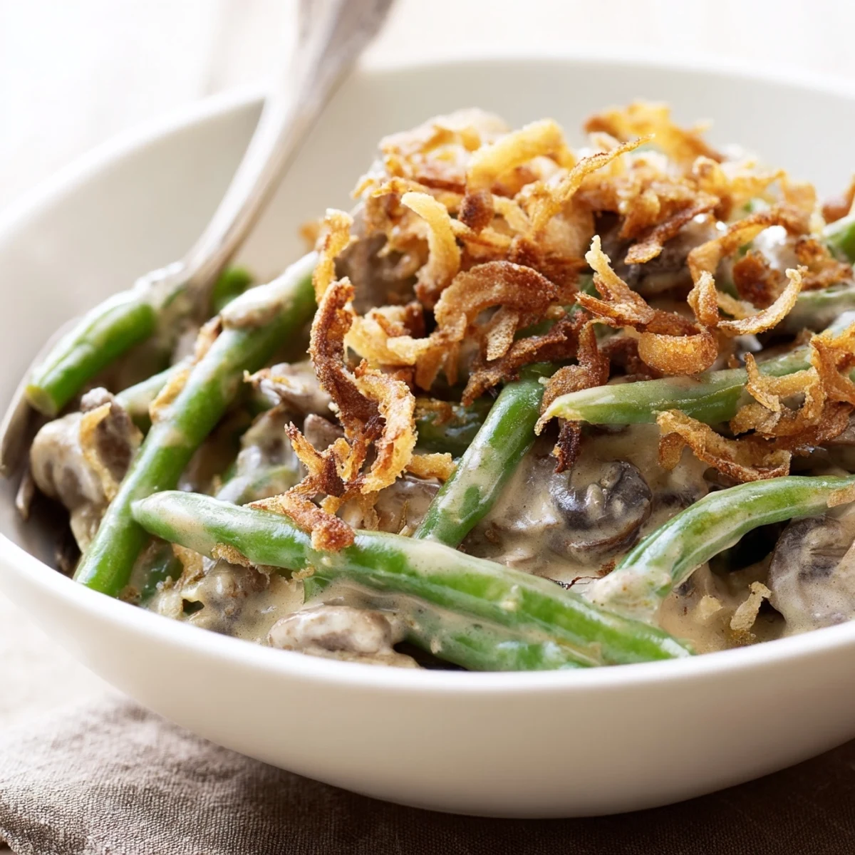Nostalgic old-school green bean casserole, featuring vibrant beans in savory mushroom sauce.  