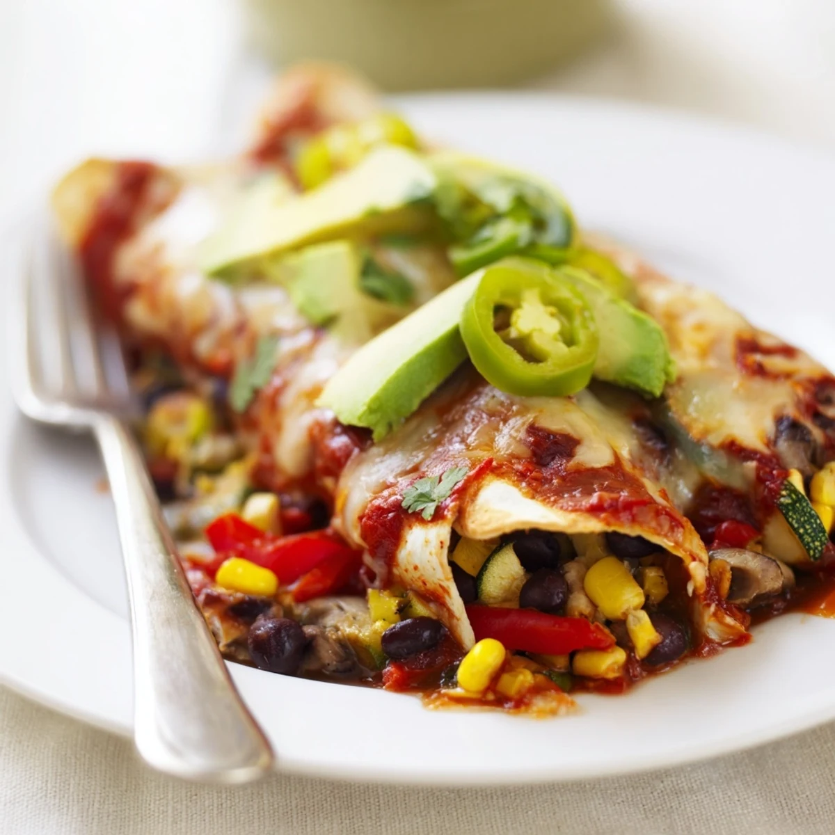 Colorful Farmers Market Vegetarian Enchiladas filled with fresh veggies, topped with melted cheese.  