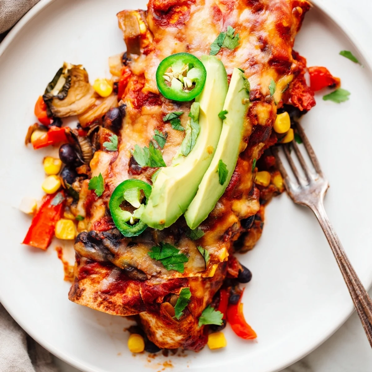 Delicious Farmers Market Vegetarian Enchiladas smothered in savory homemade sauce and garnished.  