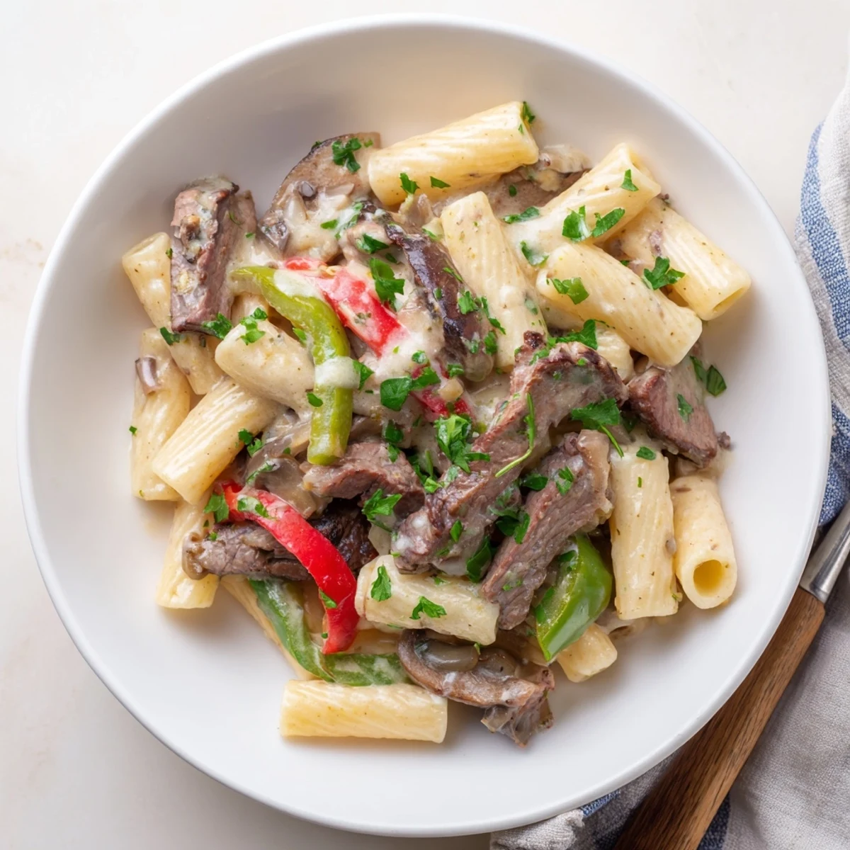 Delicious Philly cheese steak pasta mixture featuring tender beef and colorful vegetables.