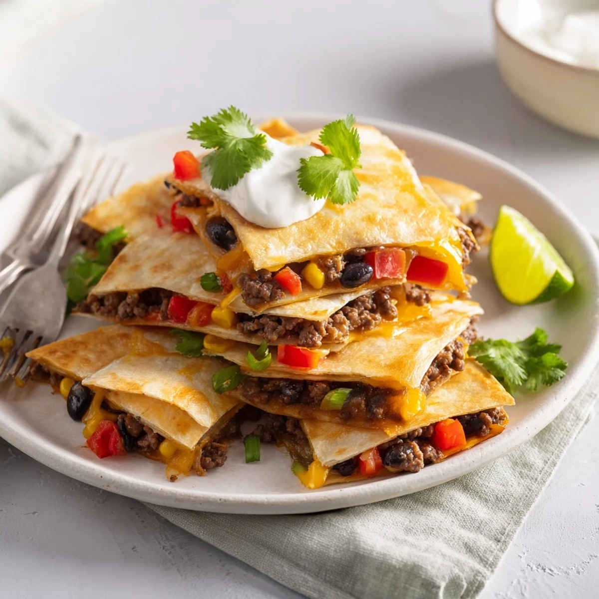 Crispy sheet pan quesadillas with beef, cheese, and colorful veggies ready to serve.  