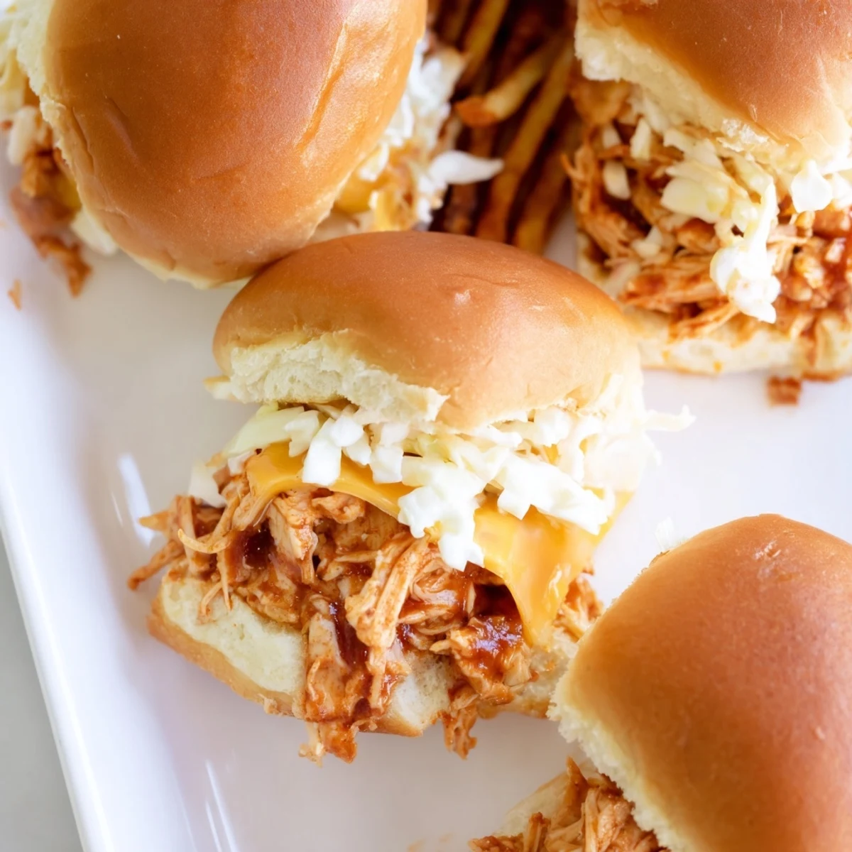 Decadent BBQ Chicken Sliders with golden fries, perfect for game day gatherings.