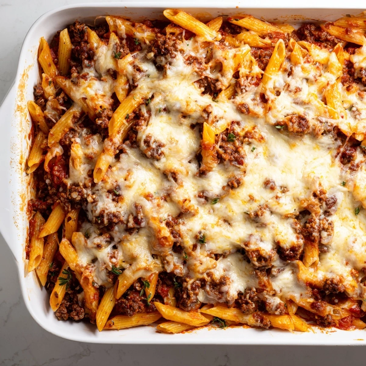 Golden, bubbly Cheesy Beef & Penne Bake with a rich, melted cheese topping, perfect family dinner.