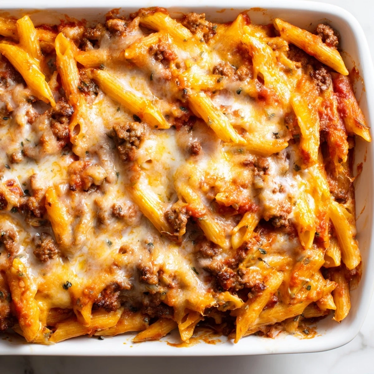 A steaming, close-up view of Cheesy Beef & Penne Bake with savory meat and pasta.