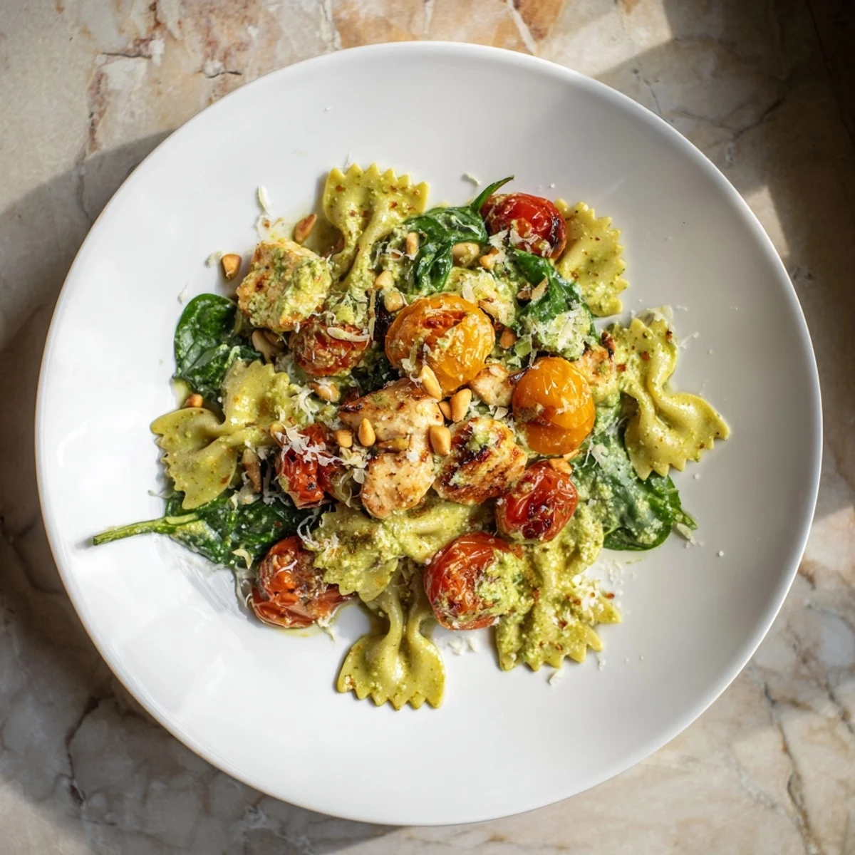 A creamy, close-up view of pesto chicken bowtie pasta, ready to enjoy.