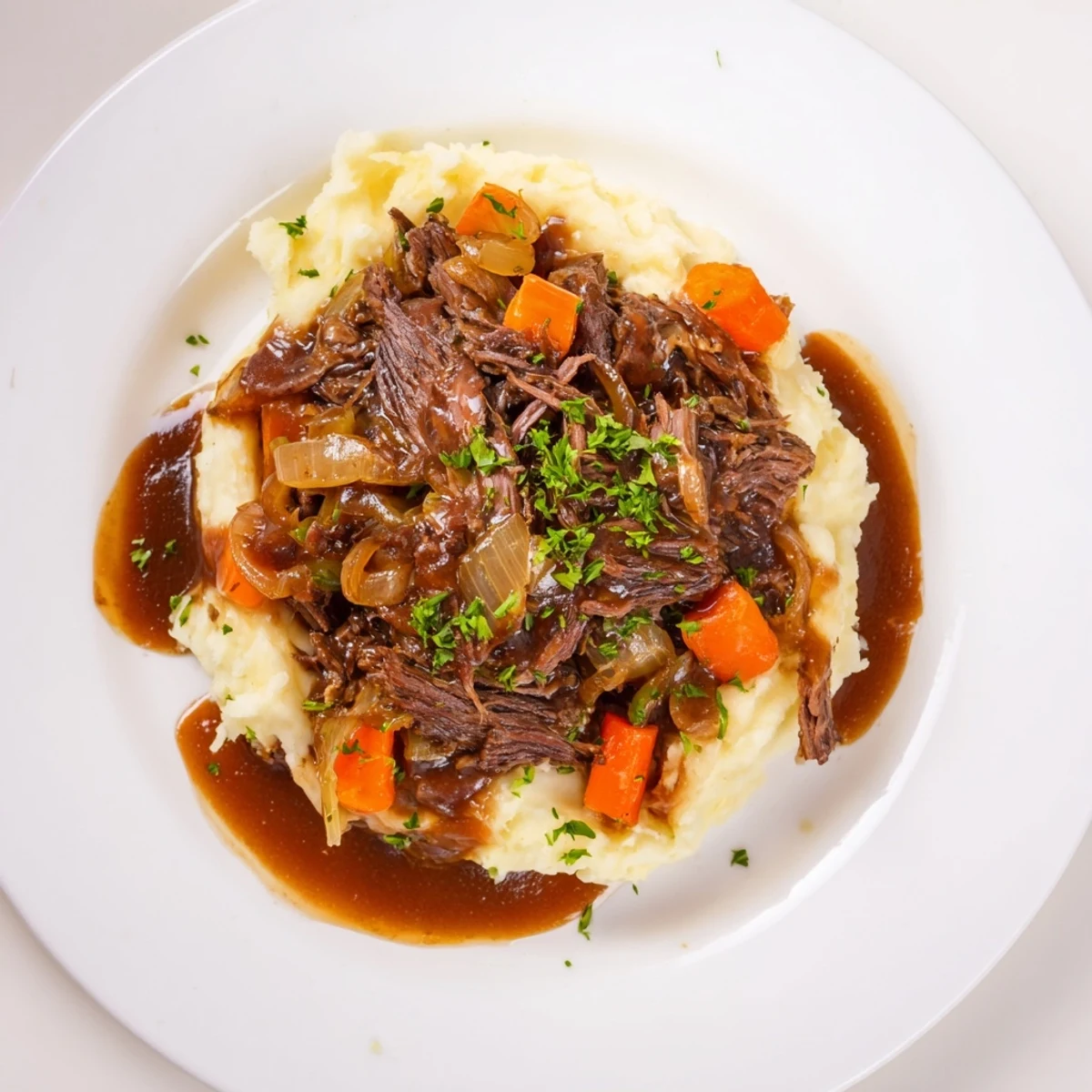 Tender Slow Cooker Pot Roast with rich gravy, carrots, and potatoes, perfect for a cozy dinner.