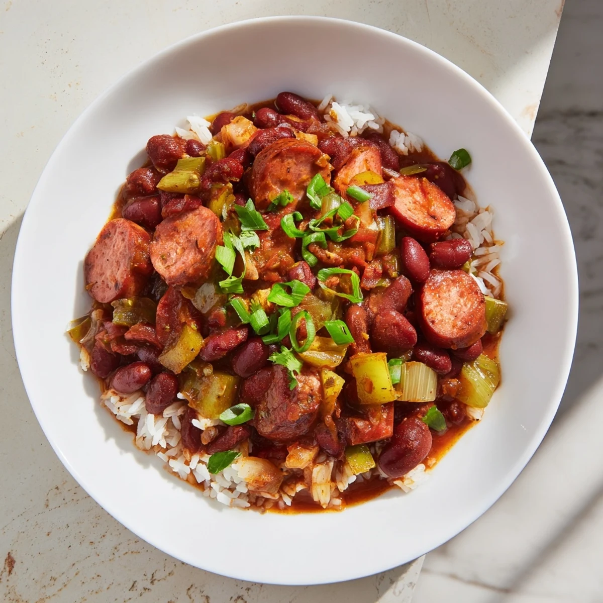Steaming bowl of Red Beans & Rice, a comforting Creole classic with fluffy rice and smoky sausage.