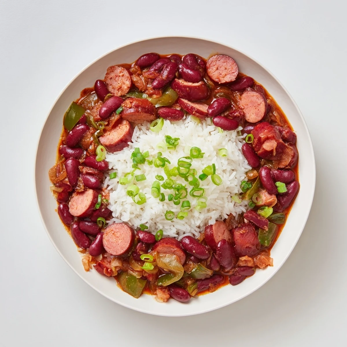 A close-up shot of hearty Red Beans & Rice, served with fresh green onions for a vibrant garnish.