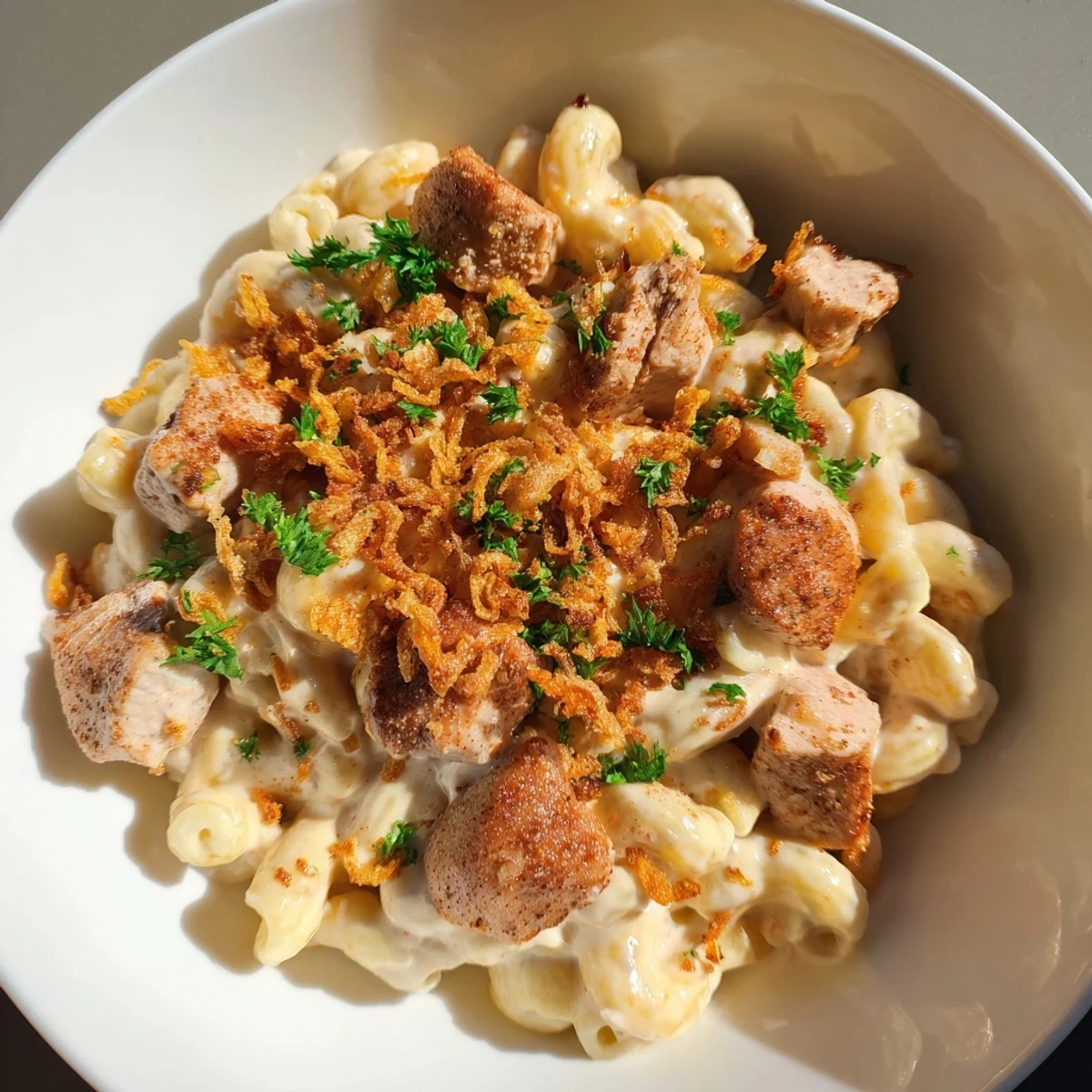 A close-up of creamy One-Pot Honey BBQ Chicken Mac and Cheese, the perfect comfort food for a cozy evening.