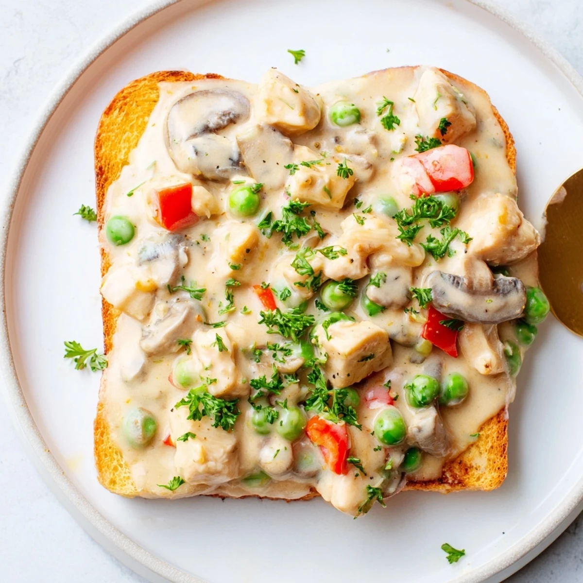 Creamy chicken à la king, a comforting American classic, served elegantly over golden buttered toast.