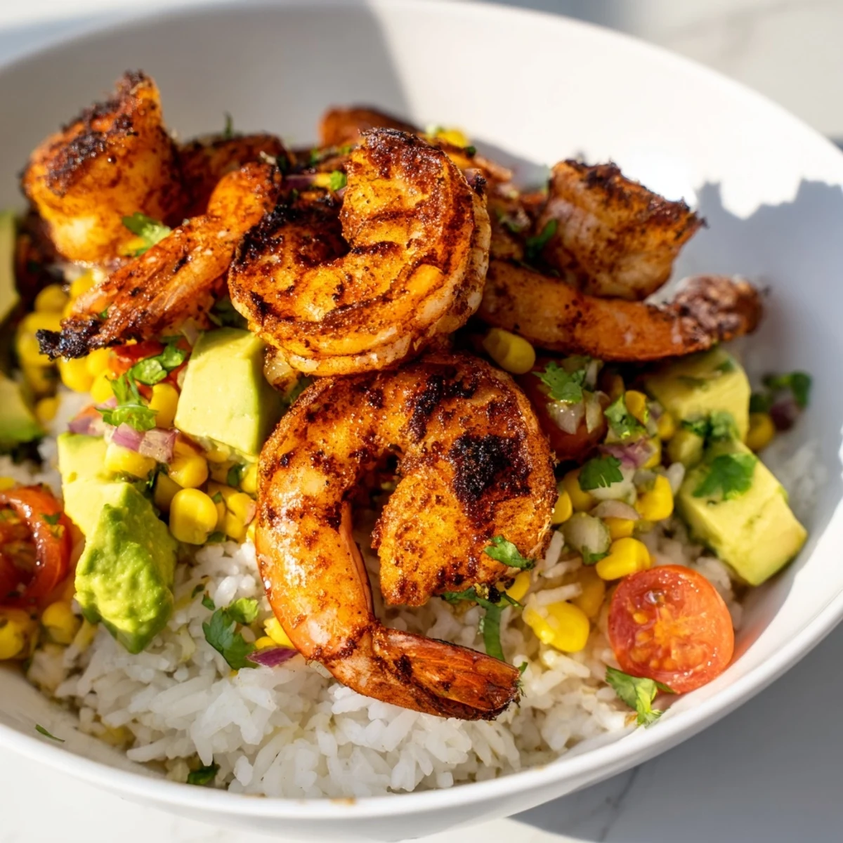 A colorful Easy Grilled Shrimp Bowl with avocado salsa, a summer meal served with lime wedges.
