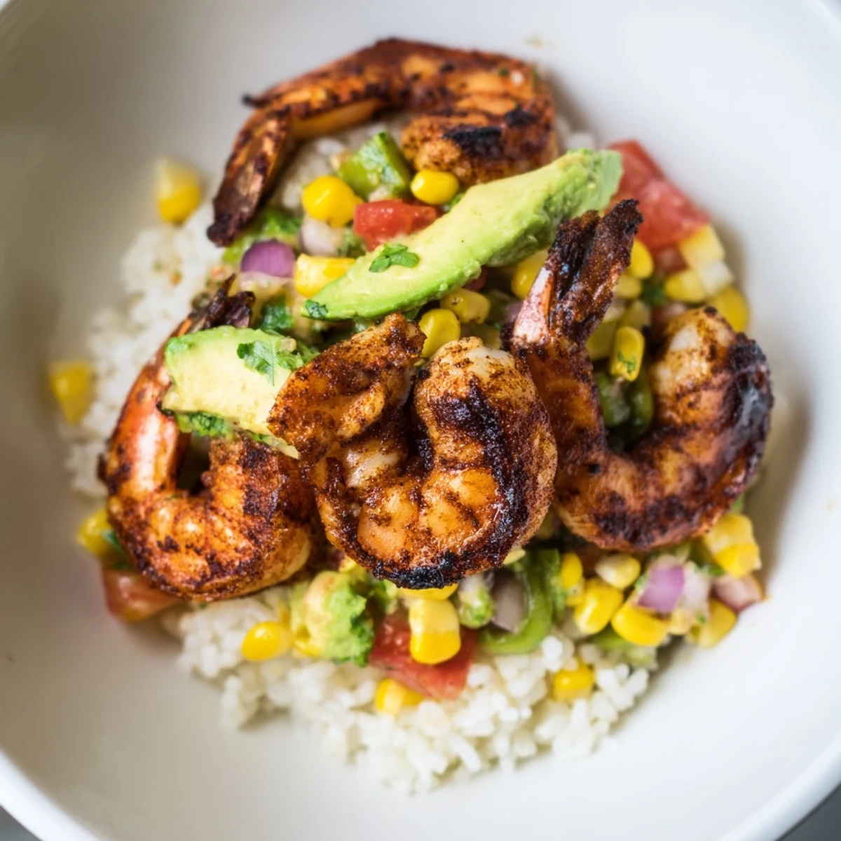 Brightly plated Easy Grilled Shrimp Bowl: grilled shrimp, fresh salsa, rice—a light and healthy lunch.
