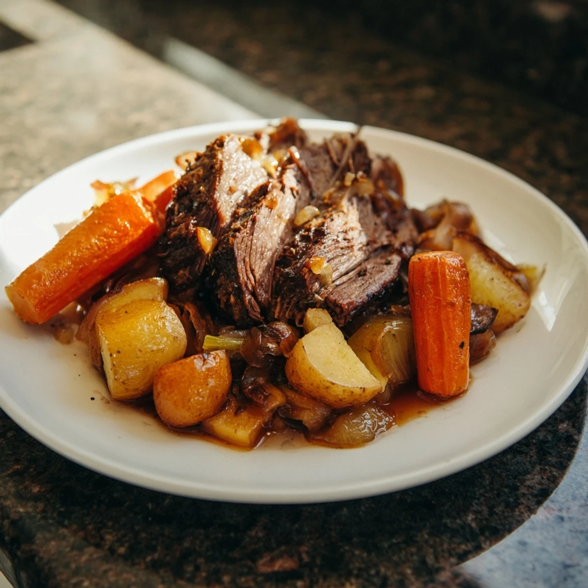 A close-up of a tender Sunday pot roast, served with rich gravy and roasted carrots and potatoes.
